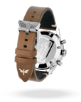 Bracelet cuir marron italien et boucle ardillon logotée en acier inoxydable 316L | Dédale Watches