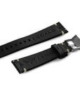 Dos du bracelet de montre en cuir italien noir Dédale, coutures blanches et boucle ardillon