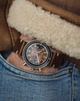WP-01 ALFA ZULU men's pilot's watch chronograph worn with a brown leather pilot's coat