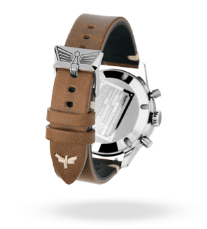 Bracelet cuir marron italien et boucle ardillon logotée en acier inoxydable 316L | Dédale Watches