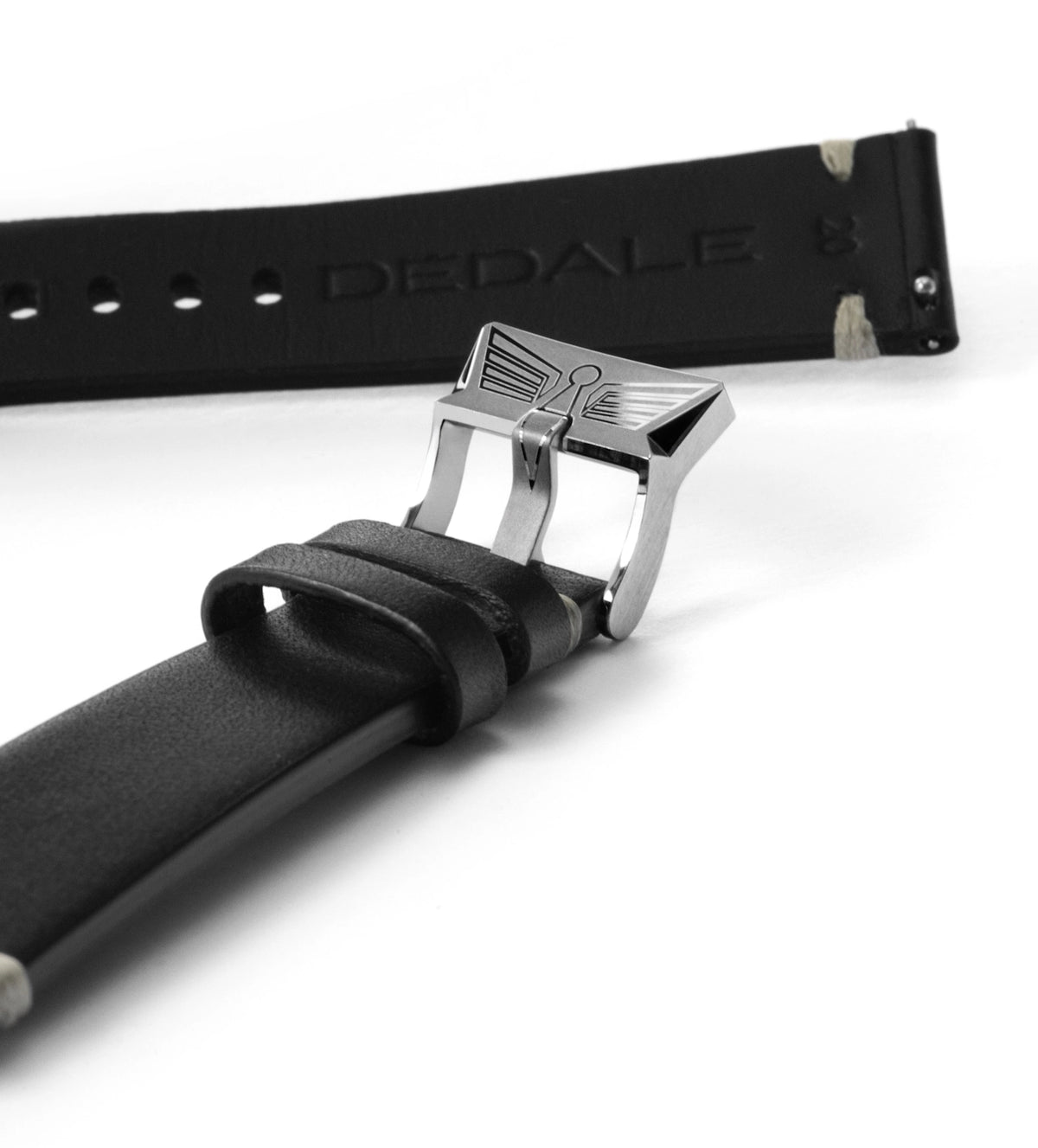 Boucle ardillon Dédale et bracelet de montre en cuir italien noir