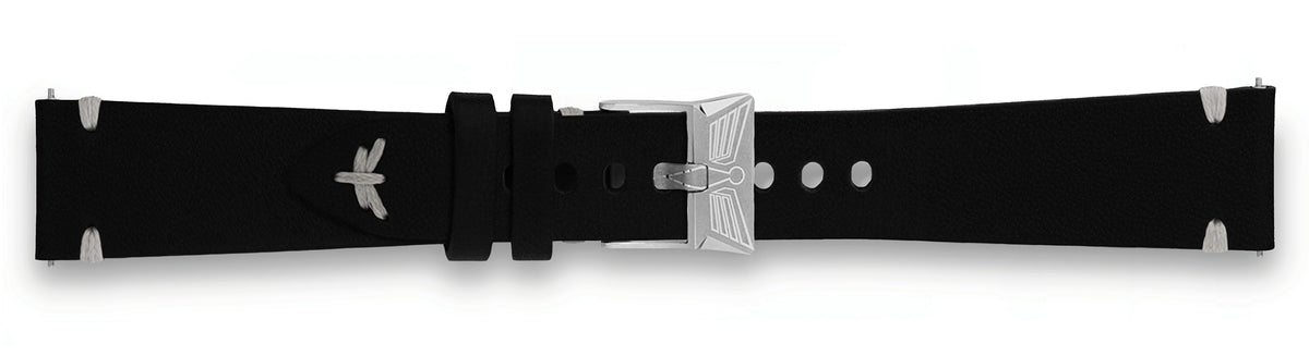 Bracelet de montre Dédale - cuir italien noir - boucle ardillon logo ailé en acier inoxydable 316L