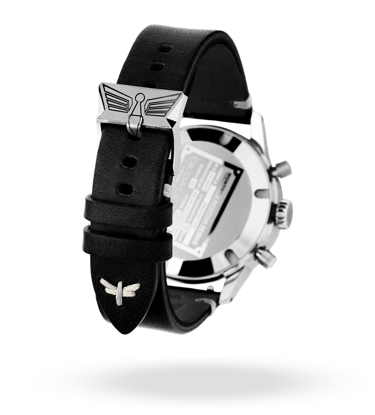 Bracelet cuir noir italien et boucle ardillon logotée en acier inoxydable 316L | Dédale Watches