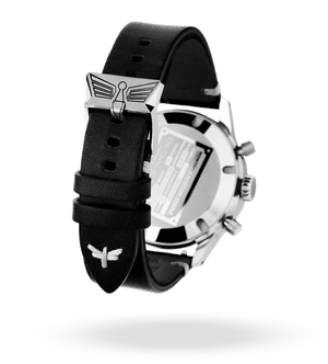 Bracelet cuir noir italien et boucle ardillon logotée en acier inoxydable 316L | Dédale Watches