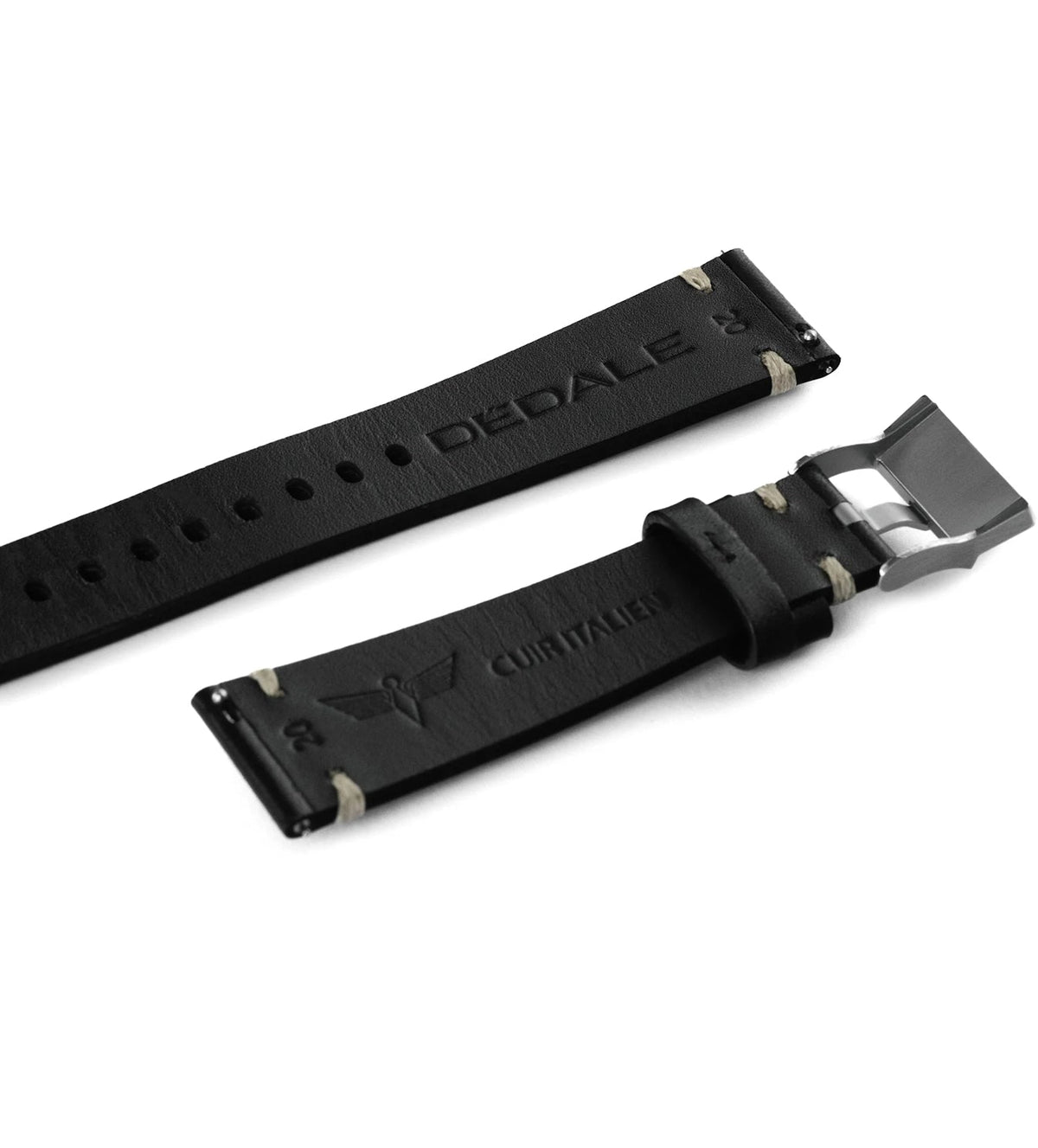 Dos du bracelet de montre en cuir italien noir Dédale, coutures blanches et boucle ardillon