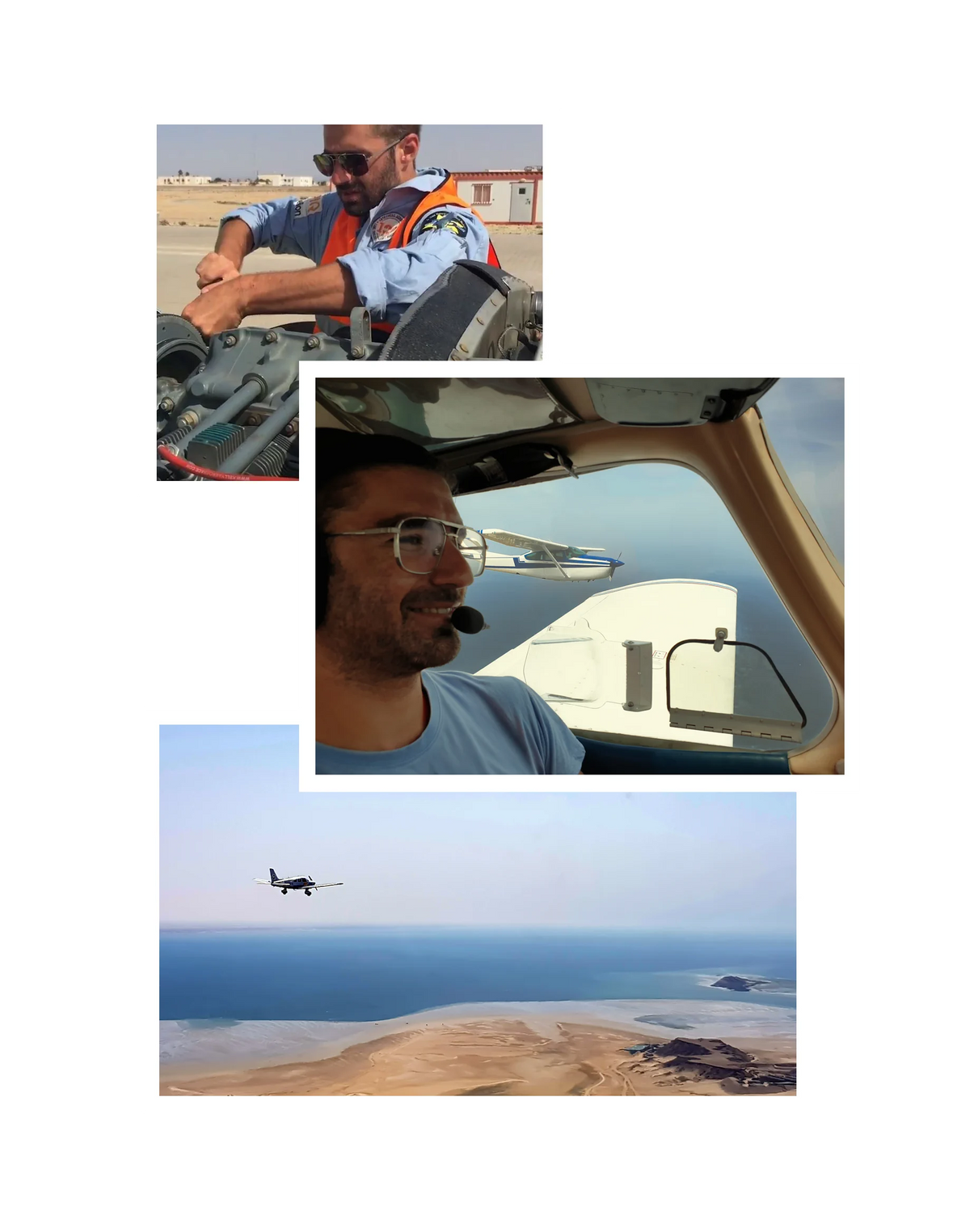 Fondateur de DÉDALE qui intervient sur un moteur d'avion. Fondateur de DÉDALE en vol en formation au dessus de l'océan. Avion qui survole le Sahara qui vient se confondre avec l'océan Atlantique.