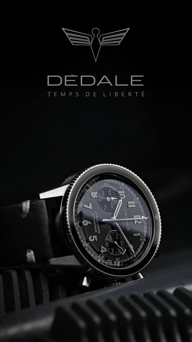 Chronoscope de pilote DÉDALE WP-01 NOVEMBER posé sur un cylindre d'un moteur d'avion. Logo et slogan DÉDALE