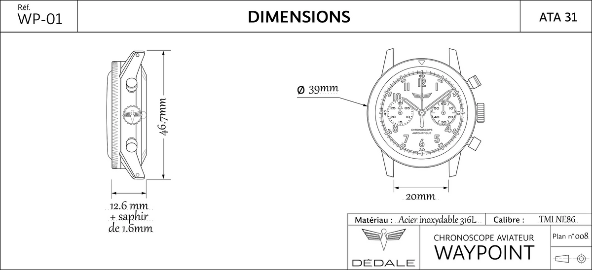 Dimensions chronoscope DÉDALE Waypoint Sidus