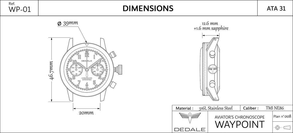 Dimensions of the DEDALE Waypoint chronoscope 