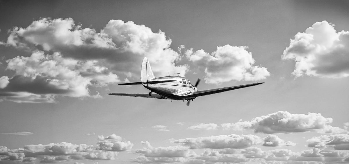 Avion Spartan Executive en vol, noir et blanc, montres Dédale
