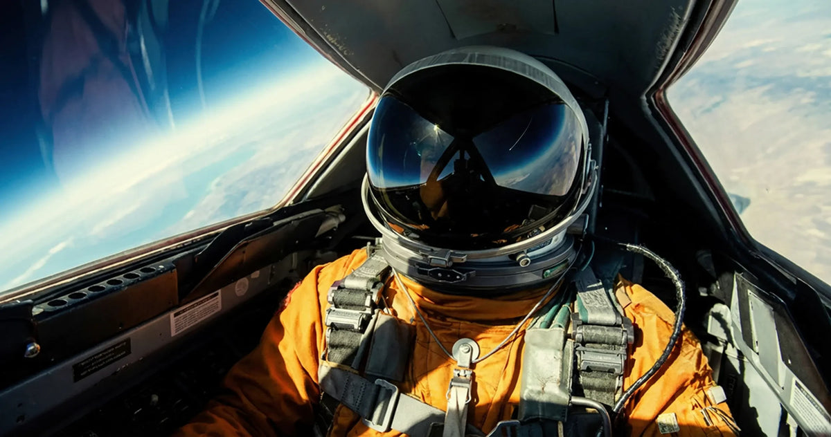 Pilote de SR71 en vol stratosphérique, une météorite se reflète dans la visière de son casque