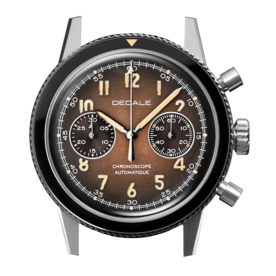 Montre automatique de pilote Dédale Waypoint WP-01 Alfa Zulu de face, cadran marron dégradé fait main