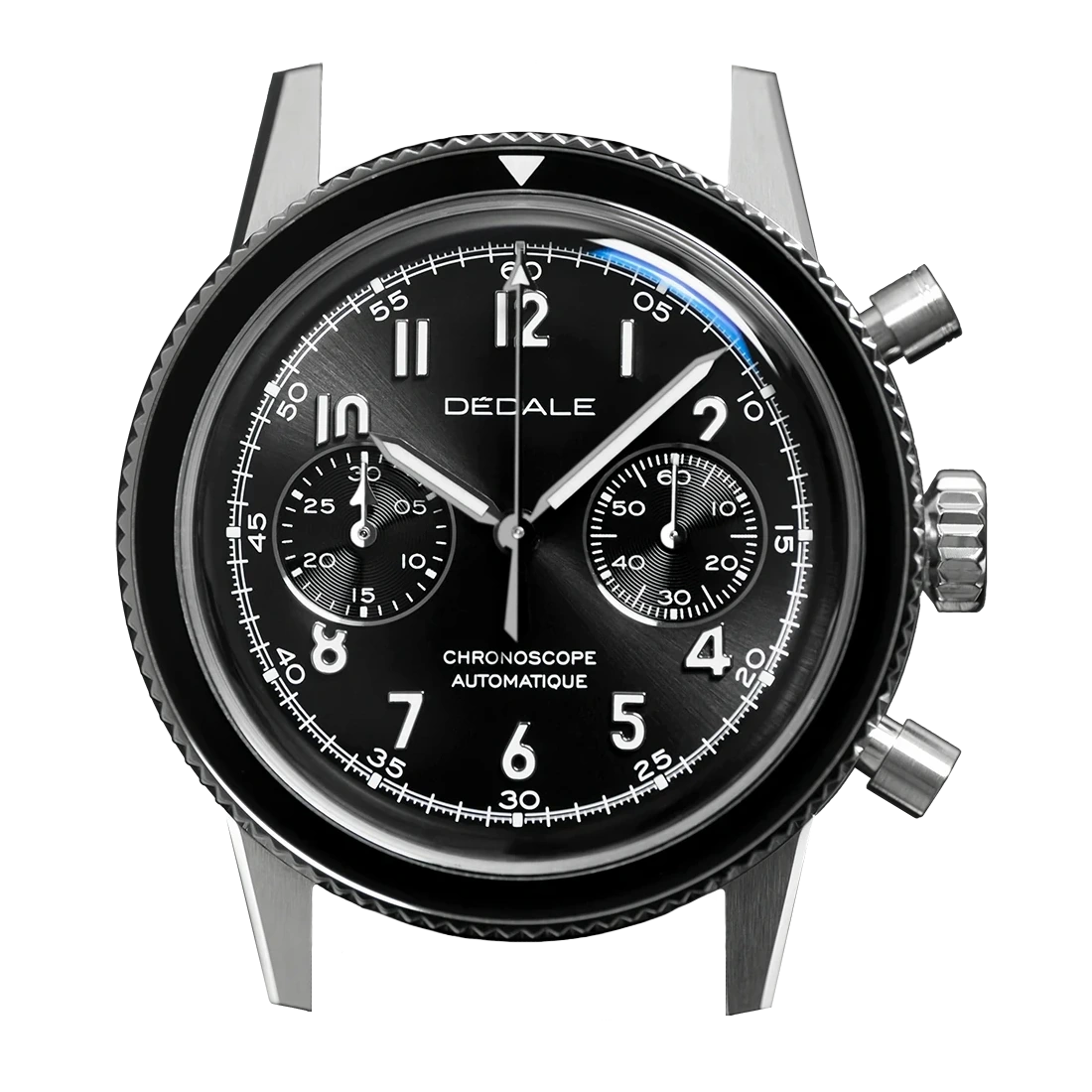 Montre de pilote Dédale Waypoint WP-01 November de face, cadran noir soleillé