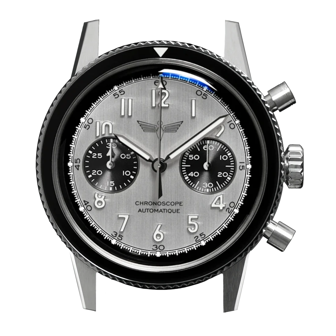 Montre chronoscope Dédale Waypoint WP-01 Papa de face, cadran gris brossé, contour émaillé