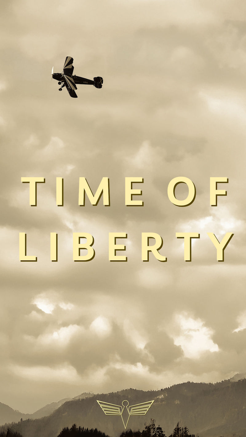 Avion de collection qui survole des montagnes. Slogan TIME OF LIBERTY et logo de la marque de montres de pilote DÉDALE