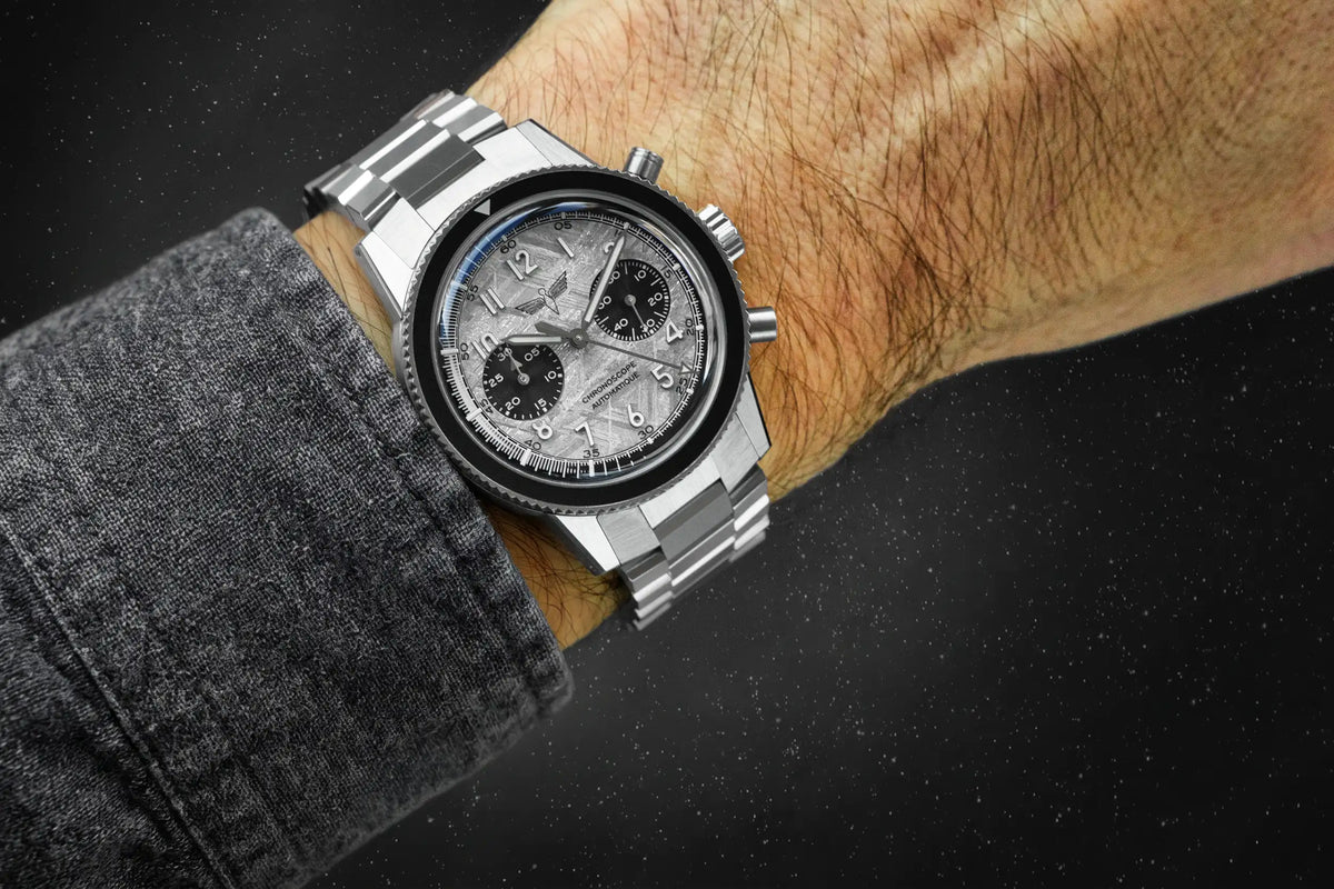 Men's automatic space pilot watch, meteorite dial, sapphire crystal and bezel insert, starry background | DEDALE Watches
