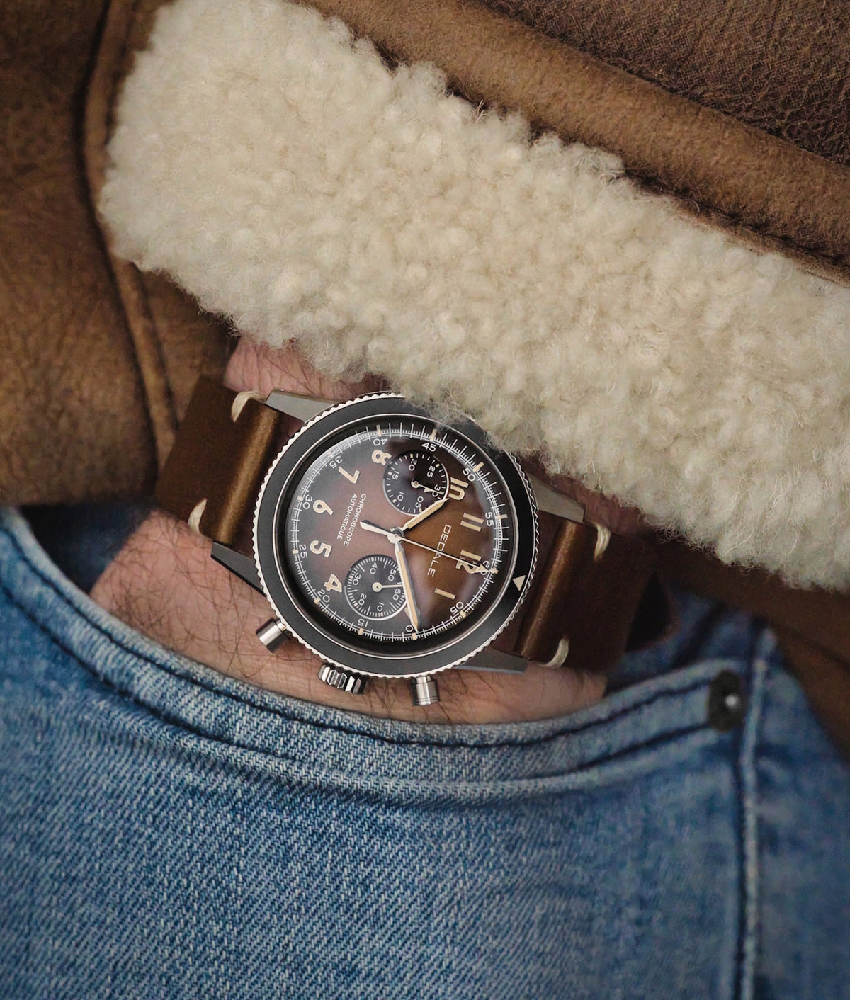 WP-01 ALFA ZULU men's pilot's watch chronograph worn with a brown leather pilot's coat