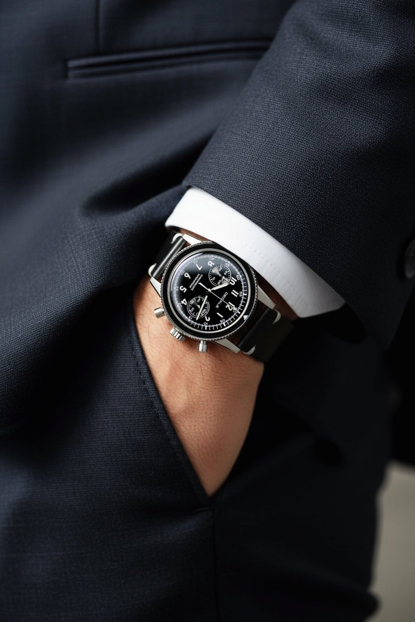 Elegant and functional chronograph - for the sophisticated modern pilot, with a black Italian leather strap | DEDALE Watches